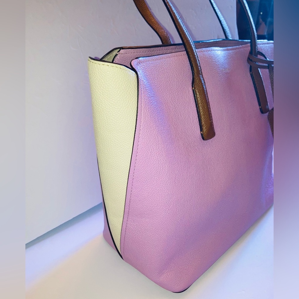Kate Spade Large Pebbled Leather Lavender and Cream Tote Bag with Brown Handles - Picture 3 of 16